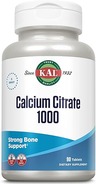 KAL Calcium Citrate 1000mg, High Potency Calcium Supplement for Bone Health, Strong Teeth, Nerve, Muscle and Heart Health Support, Gluten Free, 60 Day Money Back Guarantee, 30 Servings, 90 Tablets in Pakistan