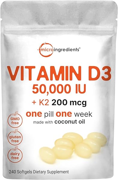 Vitamin D3 50,000 IU Plus K2 (MK-7) 200 mcg, 240 Virgin Coconut Oil Softgels | 2 in 1 Vitamins D & K Complex | Supports Calcium Absorption, Bone, Immune, & Heart Health | Easy to Swallow in Pakistan