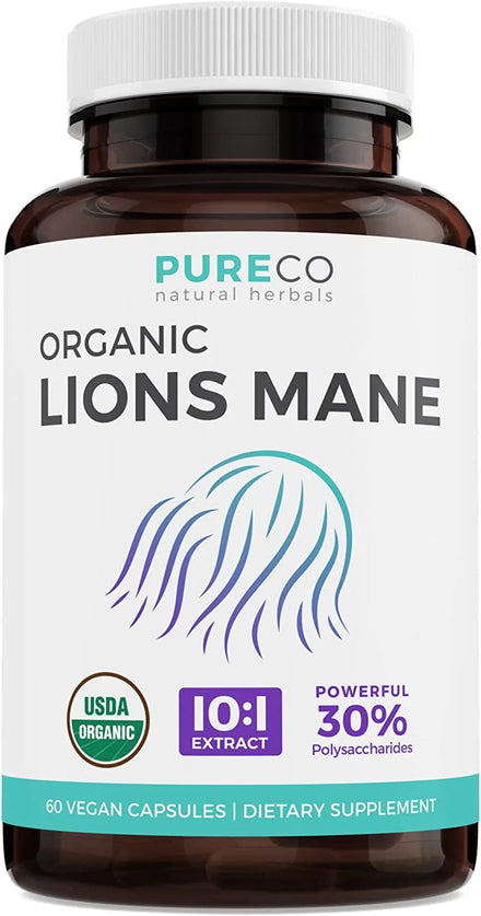 USDA Organic Lions Mane 10:1 Extract - Equals 10,000mg Lion’s Mane Mushroom Supplement - High Strength 30% Polysaccharides - for Energy, Memory and Focus - 60 Vegan Capsules (No Pills / Powder)