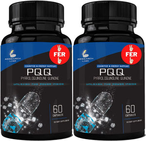 Research Labs 2 Bottles Ultra High Purity 20mg PQQ Capsules, 120 Capsules. Pure, Concentrated High Bioavailability. Pyrroloquinoline Quinone Supplement ATP Energy, Heart, Cognitive Support Nootropic