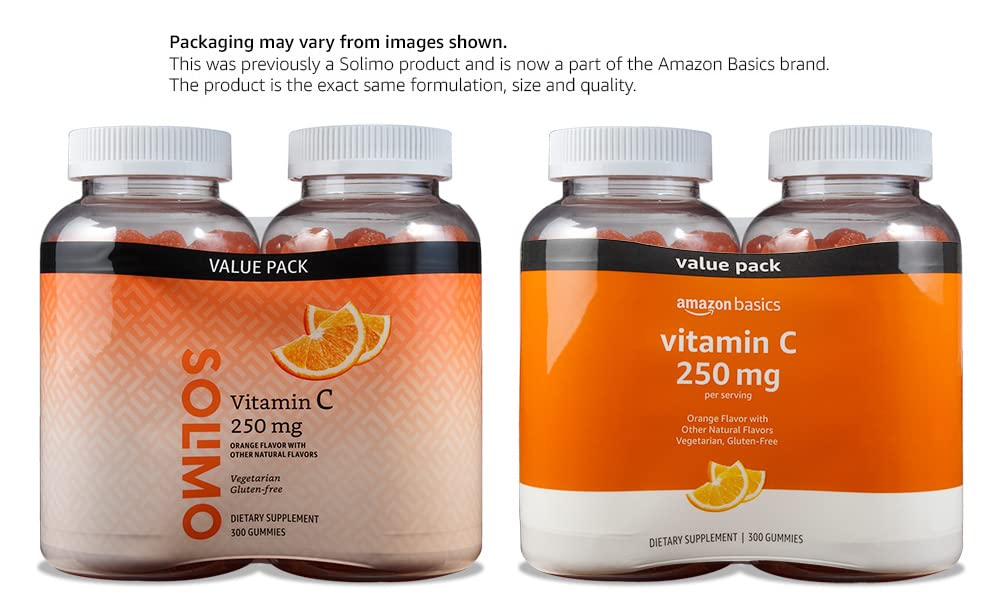 Amazon Basics Vitamin C 250 mg Gummies, Orange, 300 Count (2 Packs of 150), 2 per Serving (Previously Solimo)