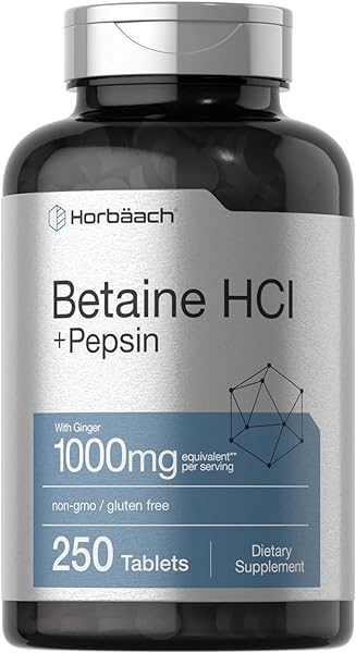 Betaine HCl with Pepsin | 1000mg | 250 Tablets | Betaine Hydrochloride Supplement | with Ginger Root | Non-GMO, Gluten Free | by Horbaach in Pakistan