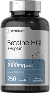 Betaine HCl with Pepsin | 1000mg | 250 Tablets | Betaine Hydrochloride Supplement | with Ginger Root | Non-GMO, Gluten Free | by Horbaach in Pakistan