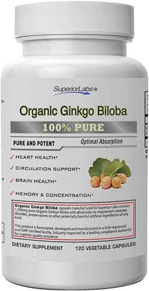 Superior Labs - Organic Ginkgo Biloba - 1200mg, 120 Vegetable Capsules - Added Black Pepper for Optimal Absorption - Supports Brain and Heart Health - Memory & Concentration - Circulation Support in Pakistan in Pakistan