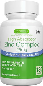 Chelated Zinc Picolinate & Bisglycinate Complex with Copper, 25mg Zinc, 180 Tablets, Clean Label, Zinc for Immune, Skin and Cellular Health, High Absorption, Vegan, Non-GMO, 6 Month Supply, by Igennus in Pakistan