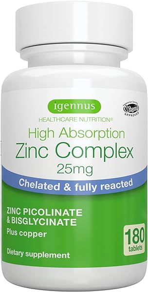 Chelated Zinc Picolinate & Bisglycinate Complex with Copper, 25mg Zinc, 180 Tablets, Clean Label, Zinc for Immune, Skin and Cellular Health, High Absorption, Vegan, Non-GMO, 6 Month Supply, by Igennus in Pakistan in Pakistan