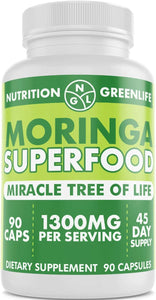 Moringa Capsules 1300mg by Nutrition Greenlife | Pure Raw Moringa Oleifera Superfood Dietary Supplement | 90 Capsules