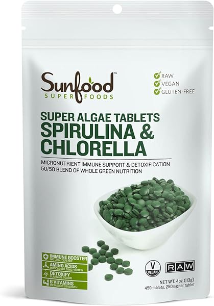 Sunfood Premium Spirulina Chlorella Tablets | 456 Tablets, 4oz Bag | 50/50 Blend | Broken Cell Wall, Rich in Natural Vegan Protein & Chlorophyll in Pakistan in Pakistan