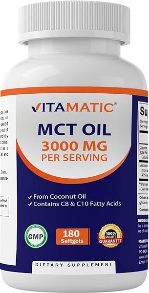 Vitamatic MCT Oil 3000 mg per Serving - 180 Softgels - from Coconut Oil - Contains 55% caprylic Acid C8 and 40% capric Acid C10 in Pakistan in Pakistan