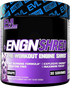 EVL Ultimate Pre Workout Powder - Thermogenic Fat Burn Support Preworkout Powder Drink for Lasting Energy Focus and Stamina - ENGN Shred Intense Creatine Free Preworkout Drink Mix - Grape in Pakistan