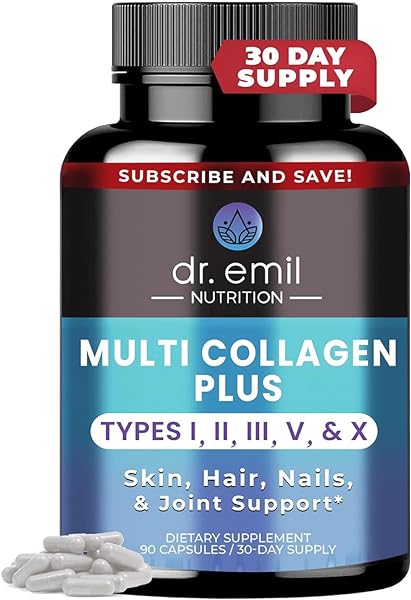 DR EMIL NUTRITION Multi Collagen Pills - Collagen Supplements to Support Hair, Skin, Nails, & Joints - Hydrolyzed Collagen Supplements for Women with Types I, II, III, V & X - 90 Capsules in Pakistan