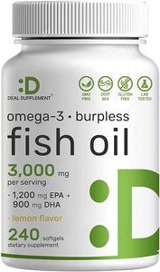 Omega 3 Fish Oil Supplements, 3,000mg Per Serving, 240 Softgels – EPA 1,200mg + DHA 900mg – Burpless Pills, Lemon Flavored, Wild Caught – Brain & Heart Support – Mercury Free, Non-GMO in Pakistan