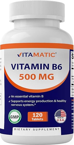 Vitamatic Vitamin B6 (Pyridoxine HCI), 500 mg 120 Vegetarian Tablets - Promotes Energy Production, boosts Metabolism and Immune Health Support in Pakistan