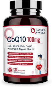 NATURE TARGET CoQ10-100mg-Softgels + PQQ with Organic-Olive-Oil - High Absorption-Coenzyme-Q10 - Antioxidant-for-Heart-Health and Immune Support, Energy Production, 120 Servings…