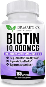 DR. MARTIN'S NUTRITION Biotin 10000 mcg Enhanced with Vitamin D & E | 180 Count| for Healthy Hair, Skin & Nails | Energy Support | Vitamin B7 | Non-GMO | USA FORMULATED in Pakistan