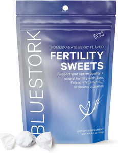 Blue Stork Fertility Sweets: Fertility Supplements for Men + Zinc + B6 + Folate, 100% Organic, Zinc Drops, Women-Owned, Strawberry Pomegranate, 30 Hard Lozenges