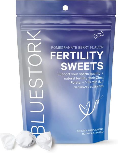 Blue Stork Fertility Sweets: Fertility Supplements for Men + Zinc + B6 + Folate, 100% Organic, Zinc Drops, Women-Owned, Strawberry Pomegranate, 30 Hard Lozenges