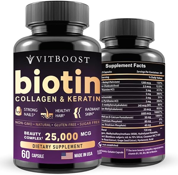 Biotin with Hyaluronic Acid, Collagen and Keratin – 25000 mcg Hair Growth Vitamins for Men and Women – Nails and Skin, USA Made, B1, B2, B3, B6, B7 Complex - 60 Capsules in Pakistan in Pakistan