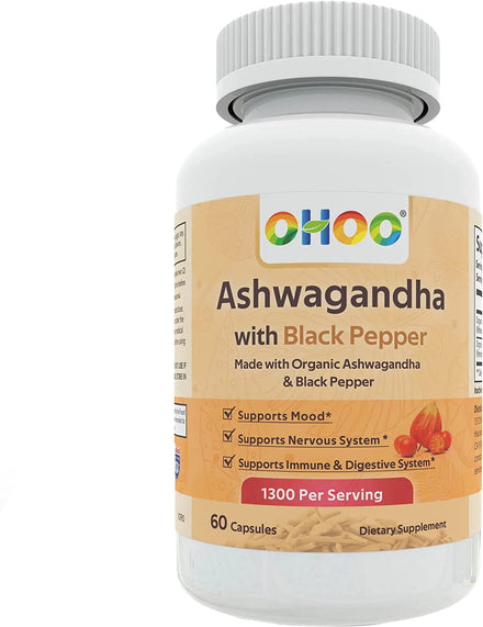 OHOO Organic Ashwagandha Extract 1300 mg, with Black Pepper - Support Focus, Immune, Memory and Energy Supplement, 60 Capsules