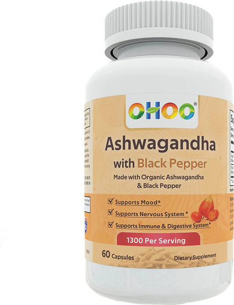 OHOO Organic Ashwagandha Extract 1300 mg, with Black Pepper - Support Focus, Immune, Memory and Energy Supplement, 60 Capsules in Pakistan