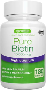 Pure Biotin 10,000mcg, Extra Strength Biotin, 180 Small Easy to Swallow Capsules, Vitamin B7, Clean Label, Lab Verified, & Vegan & Hypoallergenic, No After Taste or Smell, by Igennus in Pakistan
