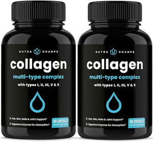 Multi Collagen Pills | Types I,II,III,V,X | Double Hydrolyzed Collagen Peptides Powder Capsules | Healthy Skin, Hair, Nails, Joints | Keto Protein Supplement for Women & Men | 180 Capsules (2 Pack) in Pakistan