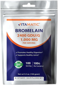 Vitamatic Bromelain Powder 1000mg per Serving - 2400 GDU/g, Proteolytic Enzymes, Supports Digestion of Proteins, 100 Grams - 100 Servings (Scoop Included) in Pakistan