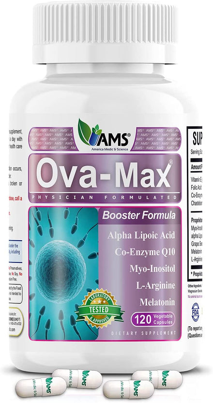 America Medic & Science OVA-Max Prenatal Vitamins for Women (120 Capsules) Boosts Fertility and Ovulation | Pregnancy Aid and Female Preconception Supplements with CoQ10, Folic Acid, and Myo-Inositol