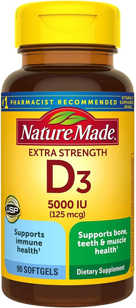 Nature Made Extra Strength Vitamin D3 5000 IU (125 mcg), Dietary Supplement for Bone, Teeth, Muscle and Immune Health Support, 180 Softgels, 180 Day Supply