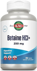 KAL Betaine HCL with Pepsin, Digestive Health Supplement with 250mg Betaine Hydrochloride Plus 130mg Pepsin, Gluten Free, Non-GMO, 60-Day Guarantee, Rapid Disintegration Tablets, 250 Servings, 250ct in Pakistan