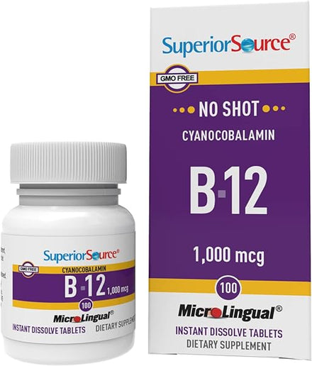 Superior Source No Shot Vitamin B12 Cyanocobalamin 1000 mcg, Quick Dissolve MicroLingual Tablets 100 Count, B12 Supplement to Increase Metabolism and Energy Production, Nervous System Support, Non-GMO in Pakistan