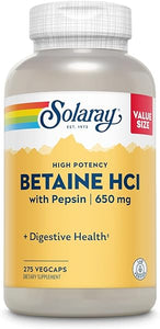 SOLARAY Betaine HCL with Pepsin, High Potency Hydrochloric Acid Formula, Healthy Digestion Supplement, Digestive Enzymes for Gut Health Support, 60-Day Guarantee (275 Servings, 275 Veg Caps) in Pakistan
