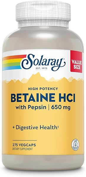 SOLARAY Betaine HCL with Pepsin, High Potency Hydrochloric Acid Formula, Healthy Digestion Supplement, Digestive Enzymes for Gut Health Support, 60-Day Guarantee (275 Servings, 275 Veg Caps) in Pakistan in Pakistan