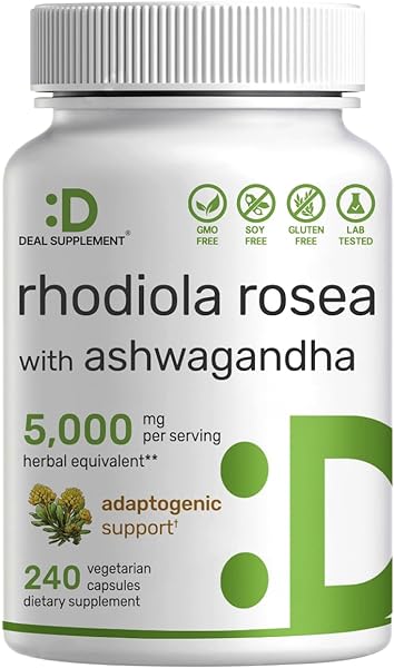 DEAL SUPPLEMENT Rhodiola Rosea with Ashwagandha 5,000mg Per Serving, 240 Veggie Capsules – Max Strength 10:1 Root Extract – Adaptogenic Supplements for Relaxation, Energy, & Brain Health – Non-GMO in Pakistan