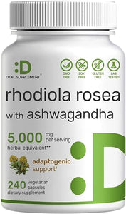 DEAL SUPPLEMENT Rhodiola Rosea with Ashwagandha 5,000mg Per Serving, 240 Veggie Capsules – Max Strength 10:1 Root Extract – Adaptogenic Supplements for Relaxation, Energy, & Brain Health – Non-GMO in Pakistan