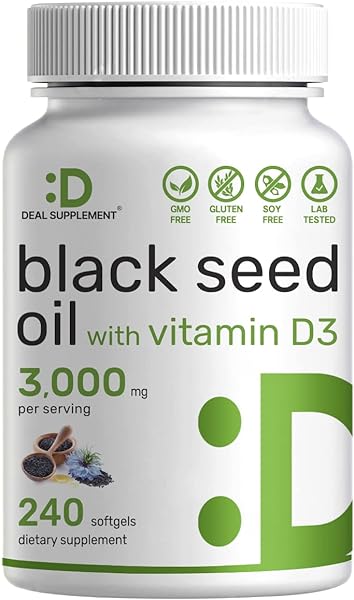 Black Seed Oil 3000mg with Vitamin D3 2000IU Per Serving, 240 Softgels, Cold-Pressed Nigella Sativa, Naturally Occurring Thymoquinone (TQ), Non-GMO | No Gluten | Black Cumin Seed Liquid Capsules in Pakistan