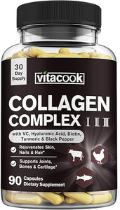 Collagen Peptides Complex, Type I, II, III, 2025 MG, Hydrolyzed Multi Collagen, VC, Biotin, HA, Turmeric & Black Pepper, for Skin, Hair, Nails, Joints, 90 Caps in Pakistan