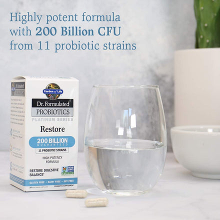 Garden of Life Dr. Formulated Probiotics Platinum Series Restore 200 Billion CFU High Potency Formula, Vegan, Non-GMO, Gluten, Dairy & Soy Free Digestive Immune Probiotic Support, 28 Capsules