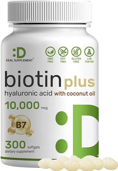 Biotin 10000mcg Plus Hyaluronic Acid 25mg with Coconut Oil, 300 Softgels, Bioavailable Biotin (Vitamin B7) Supplement, Promote Healthy Hair, Skin & Nails for Women and Men, Gluten Free, Non-GMO in Pakistan