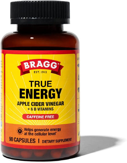 Bragg Apple Cider Vinegar True Energy Capsules – 6 B Vitamins – Caffeine Free - 750mg of Acetic Acid – Weight Management & Cholesterol Support - Non-GMO, Vegan, Gluten Free, No Sugar - (90 Pills)