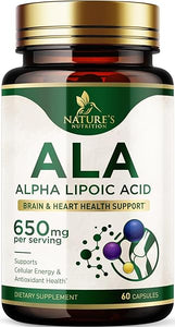Alpha Lipoic Acid 650mg - Extra Strength ALA Supplement Non-GMO & Gluten Free, Supports Cellular Energy & Antioxidant Health, Lipoic Acid Supplements 600mg Plus for Brain & Heart Support - 60 Capsules in Pakistan