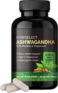 KORESELECT Ashwagandha Capsules with Magnesium & Rhodiola Rosea - 5% Withanolides, Natural Mood Relief, Adaptogens Supplement, Boost Energy & Focus - Vegan 60 Caps