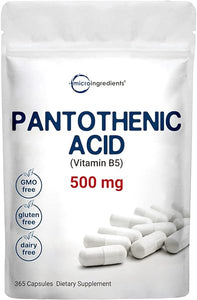 Micro Ingredients Pantothenic Acid Vitamin B5 Supplement, Vitamin B5 500mg Per Count, 365 Capsules (1 Year Supply), B-Complex Vitamin, Support Energy Production and Nervous System, Non-GMO in Pakistan