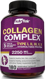 NutriFlair Multi Collagen Peptides 2250mg, 180 Capsules - Type I, II, III, V, X - Collagen Supplements Complex Powder Pills for Women and Men - Hydrolyzed Protein, Healthy Hair, Skin, Nails - Non-GMO in Pakistan