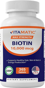 Vitamatic Biotin 10,000 mcg (10 mg) for Stronger Hair, Skin & Nails - 365 Vegan Tablets- Also Called Vitamin B7 in Pakistan