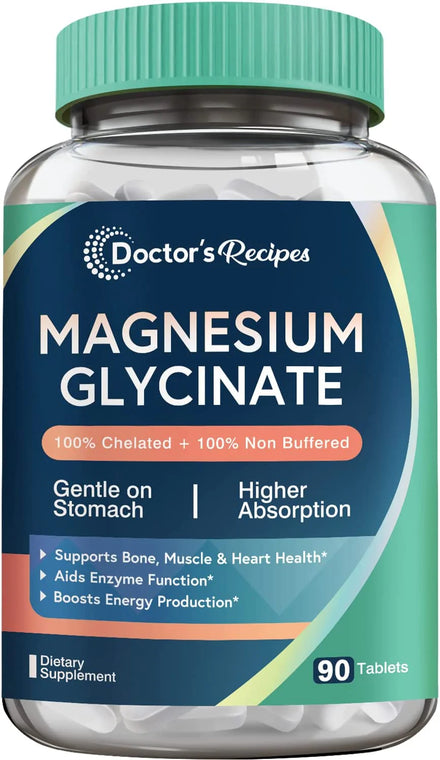 Doctor’s Recipes Magnesium Glycinate, 300mg Elemental Magnesium, Extra Strength, High Absorption, Non-Buffered, Bone, Muscle, Nerve & Energy Support, Non-GMO, No Gluten, Easy On Stomach, 90 Tablets