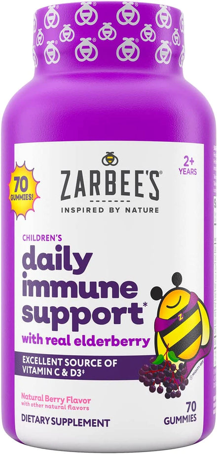 Zarbee's Elderberry Gummies for Kids with Vitamin C, Zinc & Elderberry, Daily Childrens Immune Support Vitamins Gummy for Children Ages 2 and Up, Natural Berry Flavor, 70 Count