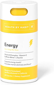 Health By Habit Energy Supplement (60 Capsules) - Natual Caffeine Blend, Vitamins B & C, Supports Energy Levels, Promotes Mental Alertness and Focus, Vegan, Non-GMO, Sugar Free (1 Pack)