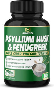 BMVINVOL Psyllium Husk Capsules 3750mg - Fenugreek, Apple Cider Vinegar, Turmeric - Fiber Supplement for Supports Digestive Health & Regularity (60Count) in Pakistan