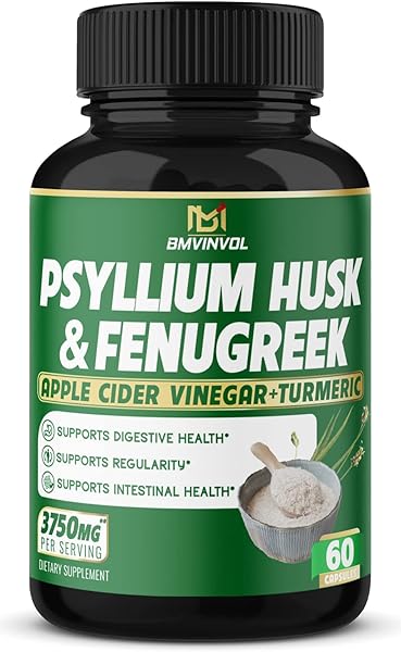 BMVINVOL Psyllium Husk Capsules 3750mg - Fenugreek, Apple Cider Vinegar, Turmeric - Fiber Supplement for Supports Digestive Health & Regularity (60Count) in Pakistan in Pakistan